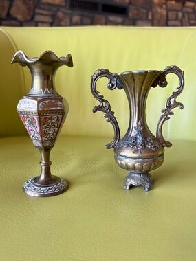 Vintage Brass Mini Vase Set Italy & India Ornate Floral Etched Bud Vases